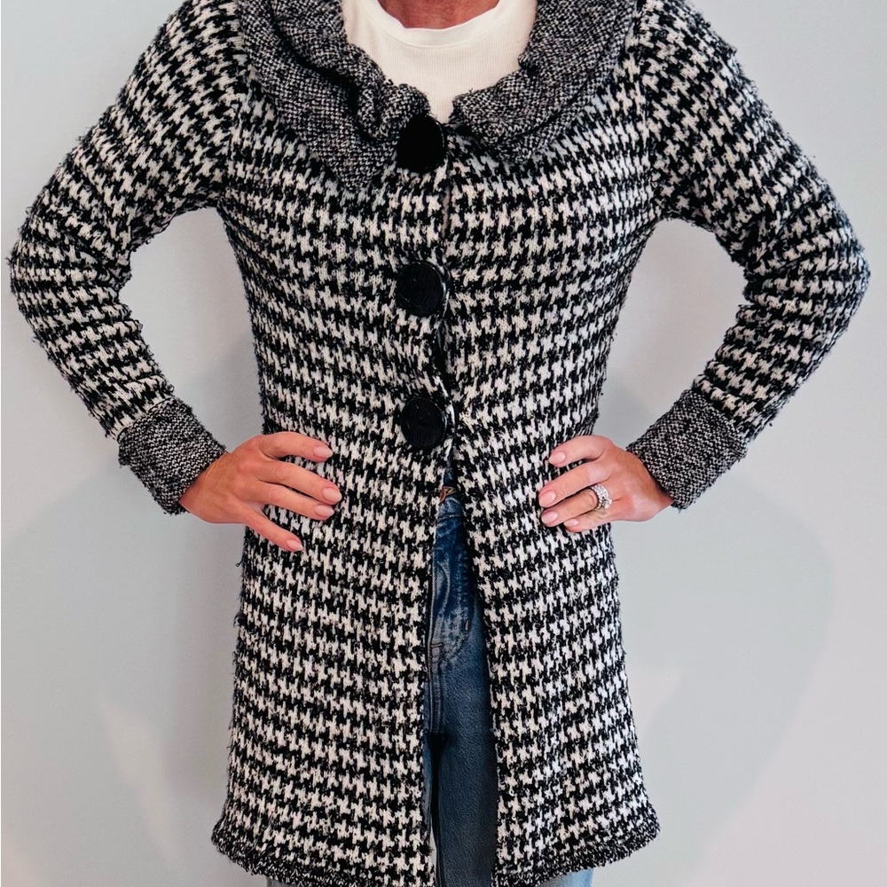 Curio Black and White Houndstooth Wool Blend Knit Cardigan Coat - Size XS
